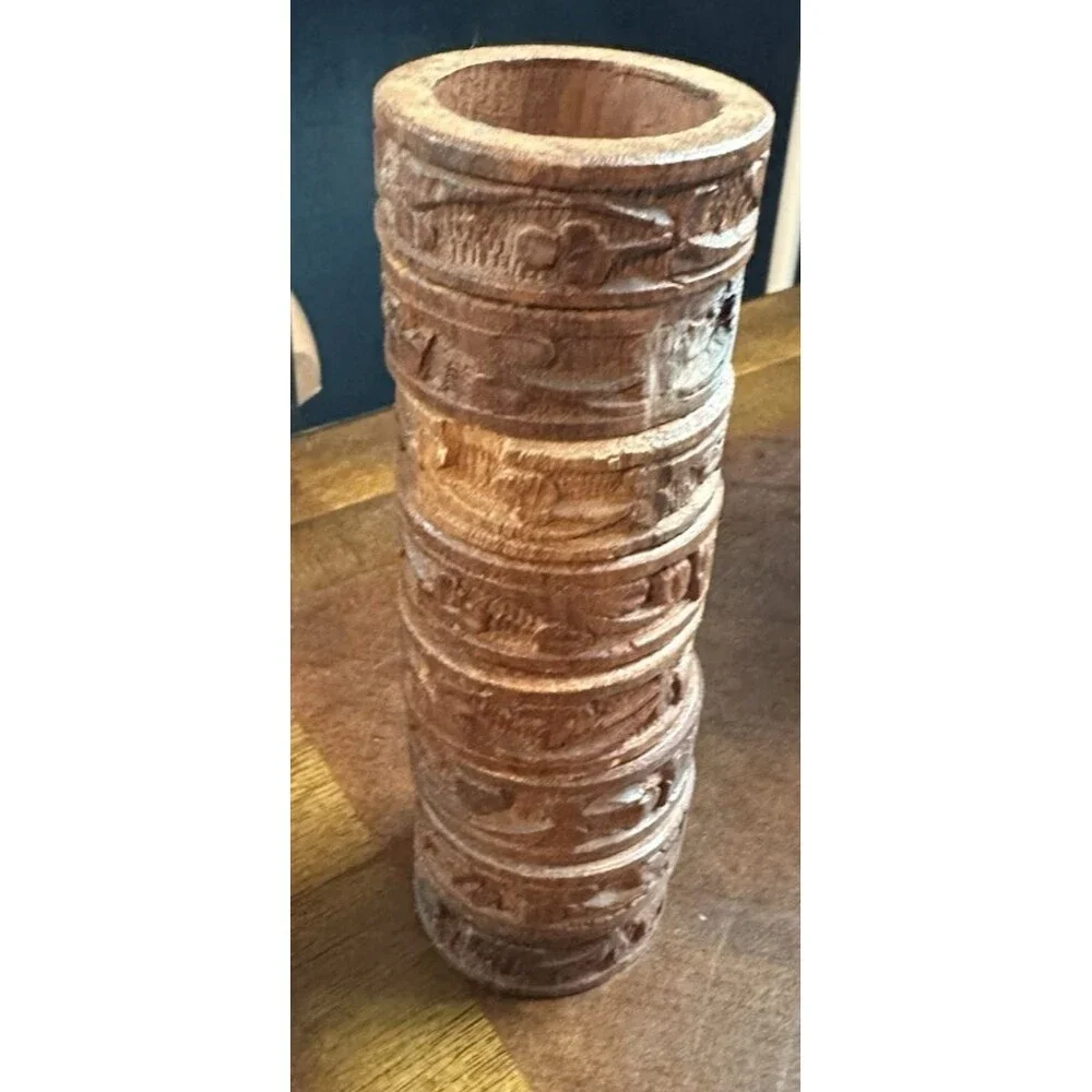 Vintage Carved Teak Wood Napkin Rings Set of 8 Measures 1 7/8 by 5/8